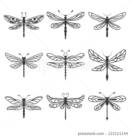 Nine dragonfly silhouettes in black and white with elegant wing patterns Nine dragonfly silhouettes in black and white with elegant wing patterns 122121144