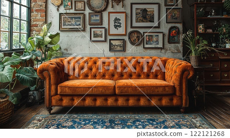 Admire the Stylish Vintage Sofa beautifully placed in a Cozy Rustic Interior setting 122121268