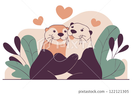 Charming scene capturing the endearing affection of a pair of otters hugging Charming scene capturing the endearing affection of a pair of otters hugging 122121305