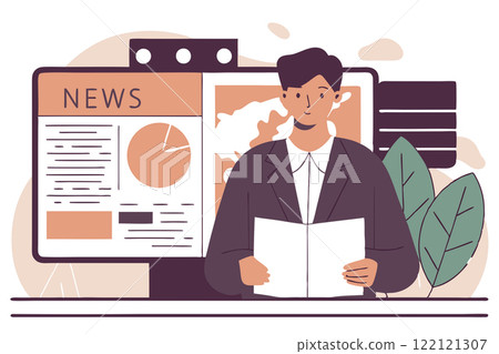 Television news reporter conveying breaking news. Vector flat illustration. Press, mass media, broadcasting studio concept Television news reporter conveying breaking news. Vector flat illustration. Press, mass media, broadcasting studio concept 122121307