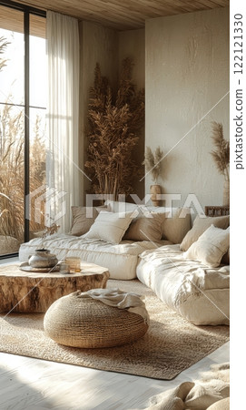 A Cozy Minimalist Living Room featuring Natural Elements that enhance comfort and style 122121330