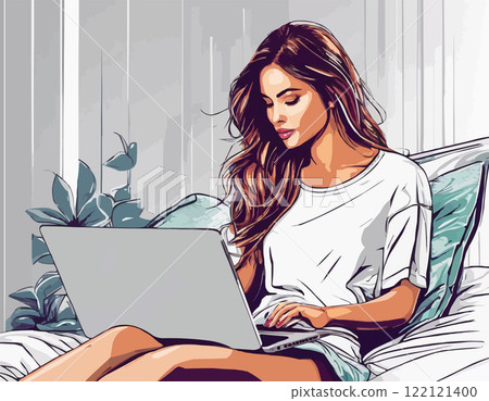 Girl from home working on laptop. Work from home and freelance. Young woman studying at home, freelancer lifestyle 122121400