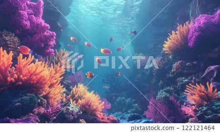 Vibrant coral reef with colorful fish swimming in clear blue water, sunlit scene. 122121464