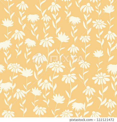 bicolor contour silhouette seamless pattern with flowers and leaves. Abstract floral spring, summer pastel pattern. 122121472