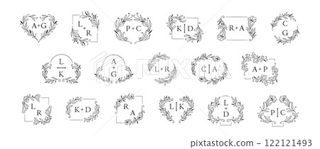 Wedding monogram logos floral decorative design with bride and groom initials and foliage ornaments 122121493