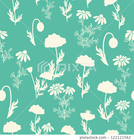 Decorative seamless vintage pattern in classic style with small flowers, ditsy. Silhouettes of flowers, bicolor ornament Decorative seamless vintage pattern in classic style with small flowers, ditsy. Silhouettes of flowers, bicolor ornament 122121562