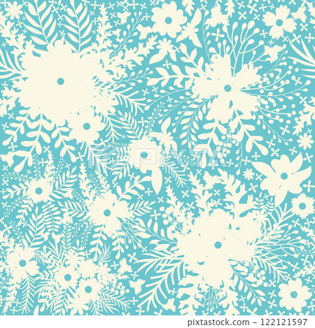 Vintage Decorative seamless pattern in classic style with small flowers, ditsy. Light silhouettes of flowers, two-color ornament in pastel colors 122121597