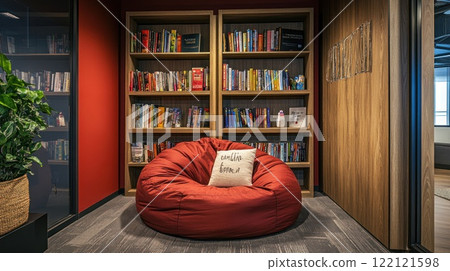 Red beanbag chair in a modern office reading nook with bookshelves. Red beanbag chair in a modern office reading nook with bookshelves. 122121598