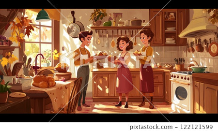 Happy family preparing Thanksgiving dinner together in a cozy kitchen, sunlight streaming through the window. 122121599