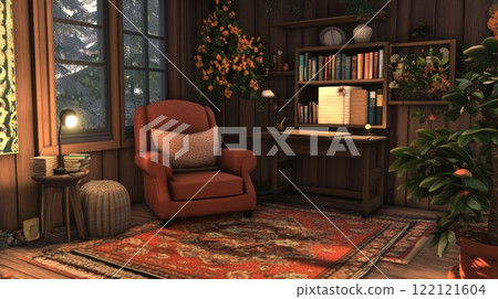 Cozy rustic cabin reading nook with armchair, desk, bookshelves, plants, and rug. 122121604
