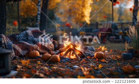 Cozy autumn bonfire scene with pumpkins,...-插圖素材 [122121606] - PIXTA圖庫