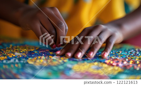 Close-up of hands meticulously placing small colorful pieces onto a vibrant mosaic artwork. 122121613