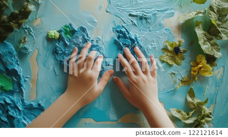 Child's hands in blue paint, creating textured art with flowers and leaves. 122121614