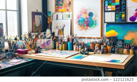 Artist's workspace with colorful paintings, brushes, and art supplies on a desk near a window. Artist's workspace with colorful paintings, brushes, and art supplies on a desk near a window. 122121625