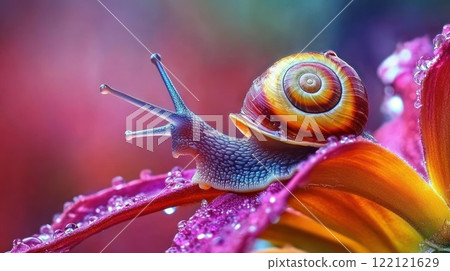 Vibrant snail crawling on a dew-covered flower petal. 122121629