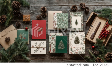 Flatlay of assorted Christmas cards, envelopes, pine cones, and gift box on rustic wood. 122121630