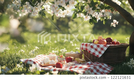 Spring picnic with fruit and sweets under blossoming tree. 122121631