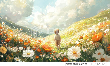 A child walks through a vibrant, sunlit field of daisies and poppies, towards a bright sky. 122121632