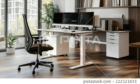 Modern ergonomic workspace with standing desk, comfortable chair, and dual monitors in a bright office. 122121633