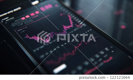 Close-up of tablet displaying stock market graphs, showing financial data and trends. 122121664