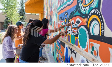 Young women collaboratively paint a vibrant, abstract mural outdoors. 122121665