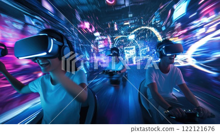 Two joyful people wearing VR headsets experience a futuristic racing game in a vibrant, neon-lit virtual city. 122121676