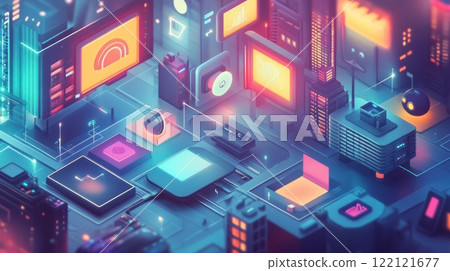 Isometric digital city with glowing screens, data, and futuristic buildings. Isometric digital city with glowing screens, data, and futuristic buildings. 122121677