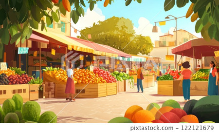 Sunny outdoor market scene with colorful fruits and vegetables, happy shoppers. Sunny outdoor market scene with colorful fruits and vegetables, happy shoppers. 122121679