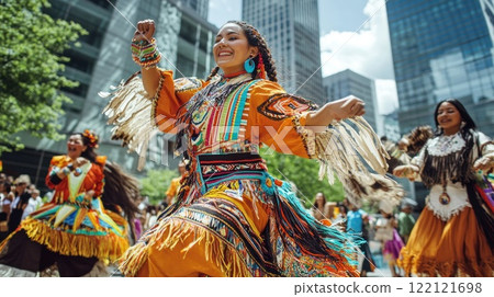 Indigenous women in vibrant traditional regalia dance joyfully in a modern city setting. 122121698