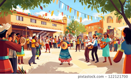 Vibrant street festival with diverse people dancing, playing music, and celebrating in a sunny town square. 122121700