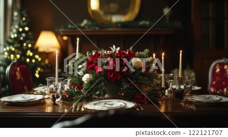 Festive Christmas dinner table setting with candles, poinsettias, and evergreen centerpiece. 122121707