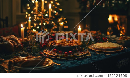 Christmas Eve dinner table, candles, food, tree. 122121708