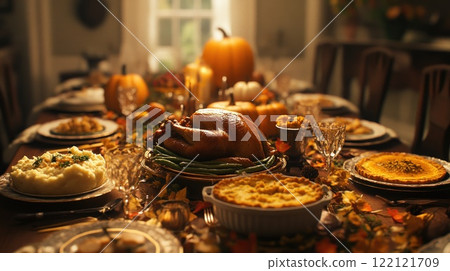 Roasted turkey centerpiece on a Thanksgiving table with side dishes, pumpkins, and autumn decorations. Roasted turkey centerpiece on a Thanksgiving table with side dishes, pumpkins, and autumn decorations. 122121709