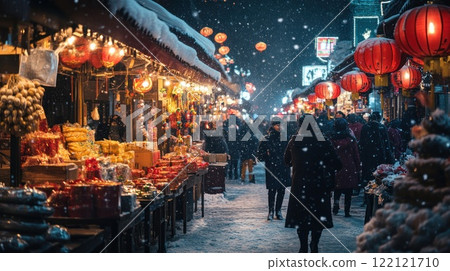 Snowy night market street scene with red lanterns, food stalls, and people walking. 122121710