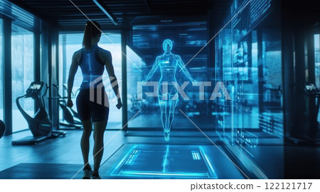 Woman in gym using futuristic fitness technology. Woman in gym using futuristic fitness technology. 122121717