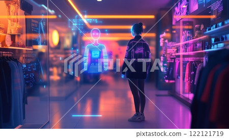 Woman in futuristic clothing store using holographic interface to try on clothes. 122121719