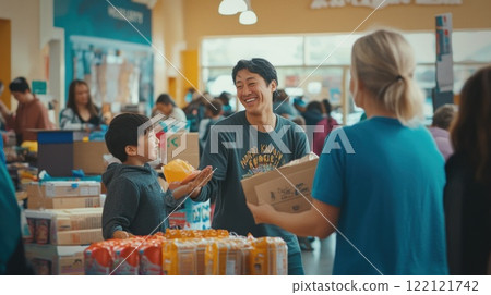 Happy family receiving food donations at a community food bank. 122121742