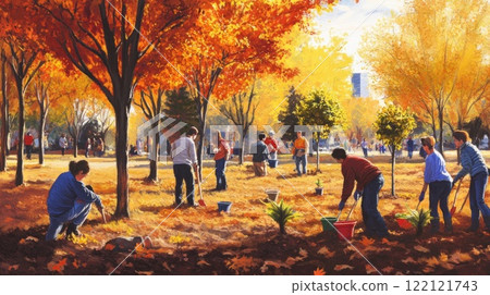 Volunteers planting trees and cleaning leaves in a vibrant autumn park. Volunteers planting trees and cleaning leaves in a vibrant autumn park. 122121743