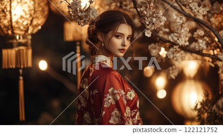 Woman in red Asian-inspired robe, looking over shoulder,  under blossoming tree at night. Woman in red Asian-inspired robe, looking over shoulder,  under blossoming tree at night. 122121752