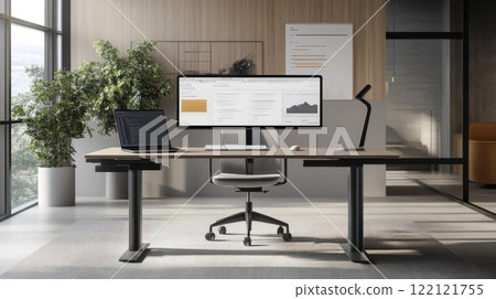 Modern minimalist office workspace with standing desk, laptop, monitor, and plant. Modern minimalist office workspace with standing desk, laptop, monitor, and plant. 122121755