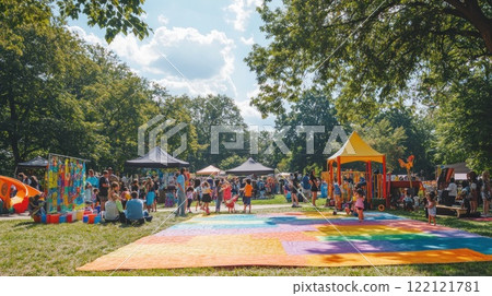 A vibrant outdoor children's festival in a lush park, featuring colorful play structures, food stalls, and happy families. A vibrant outdoor children's festival in a lush park, featuring colorful play structures, food stalls, and happy families. 122121781