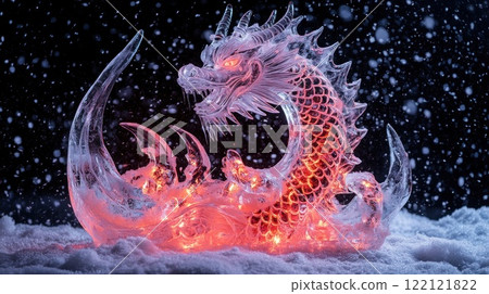 Illuminated ice dragon sculpture in snow. 122121822