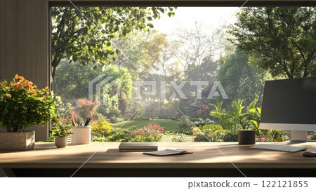 Vibrant wildflowers bloom on a coastal cliff overlooking ramatic ocean scene under a sunny sky with birds flying. 122121855