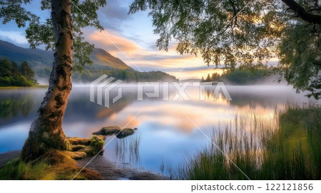 Vibrant wildflowers bloom on a coastal cliff overlooking ramatic ocean scene under a sunny sky with birds flying. 122121856