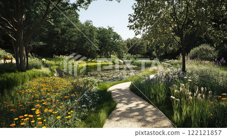 Vibrant wildflowers bloom on a coastal cliff overlooking ramatic ocean scene under a sunny sky with birds flying. 122121857