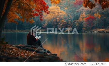 Man reading by tranquil autumn lake. 122121908