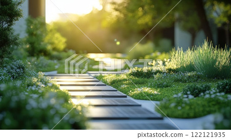 Sunlit garden path with lush greenery and flowers at sunset. Sunlit garden path with lush greenery and flowers at sunset. 122121935