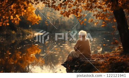 Elderly woman sits by autumnal lake, contemplating nature's beauty. Elderly woman sits by autumnal lake, contemplating nature's beauty. 122121941
