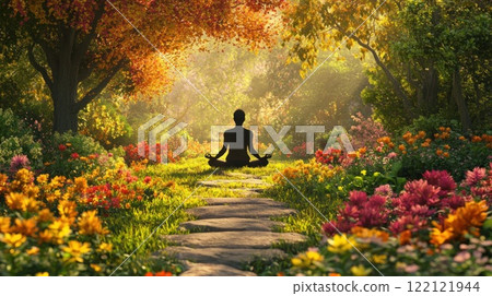 Silhouetted woman meditating in a vibrant autumnal garden, sunlight streaming through trees. 122121944