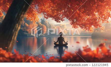 Serene person meditating in lotus pose by calm lake under autumn leaves. Serene person meditating in lotus pose by calm lake under autumn leaves. 122121945